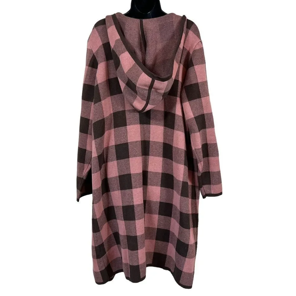 D&CO. HOODED OPEN FRONT BROWN AND PINK BUFFALO PLAID CARDIGAN DUSTER
